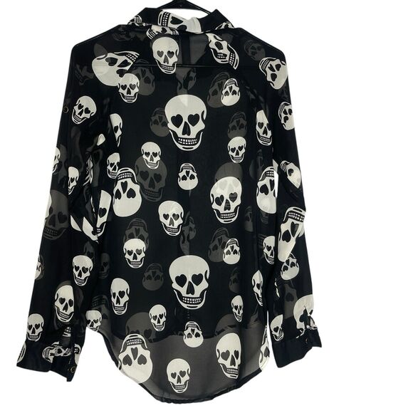 Fun & Flirt Skull Button Down Womens Small Sheer Gothic Whimsigoth Heart - Picture 2 of 10